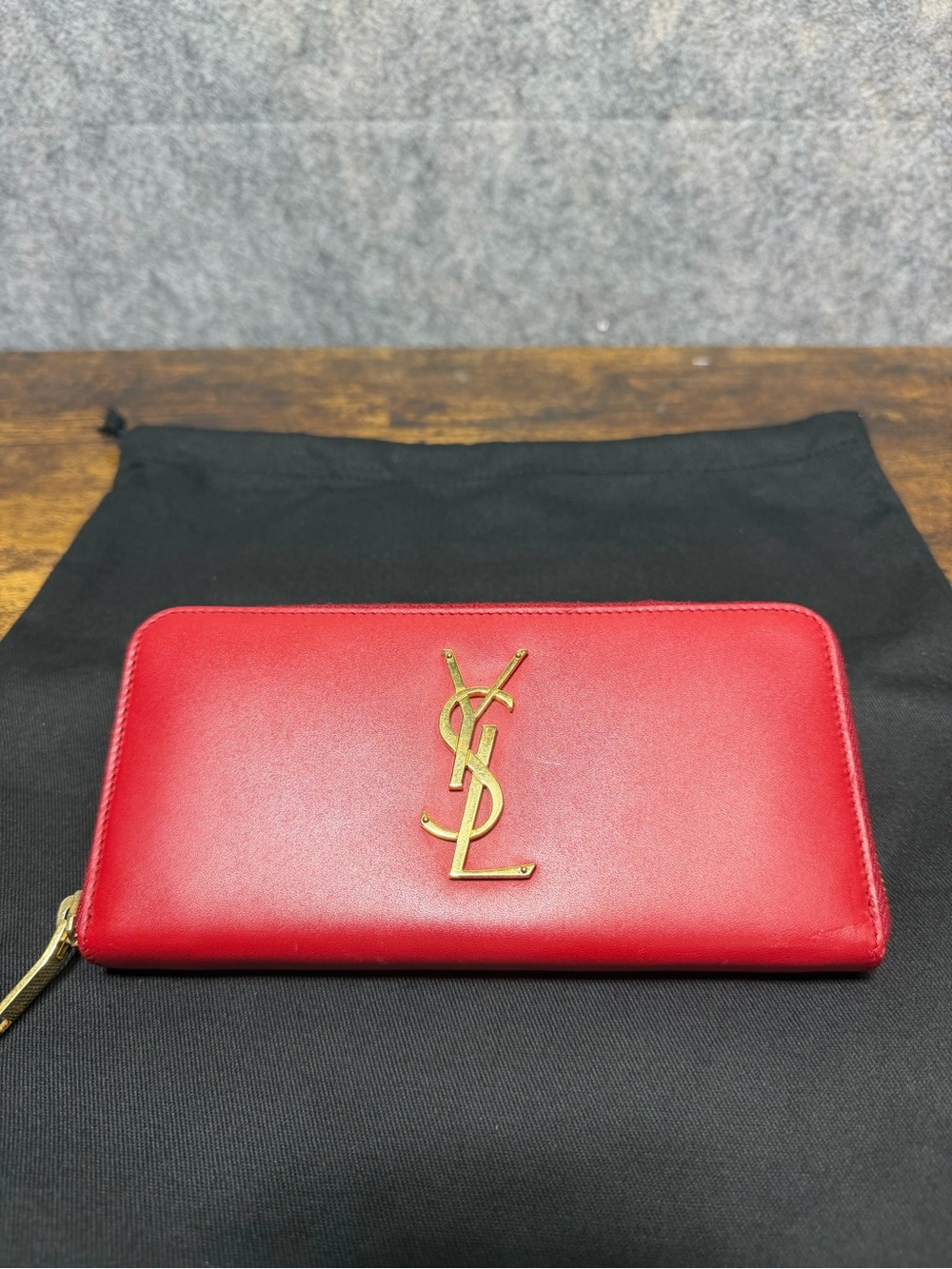 Saint Laurent Red Leather YSL Zip Wallet with Gold Logo